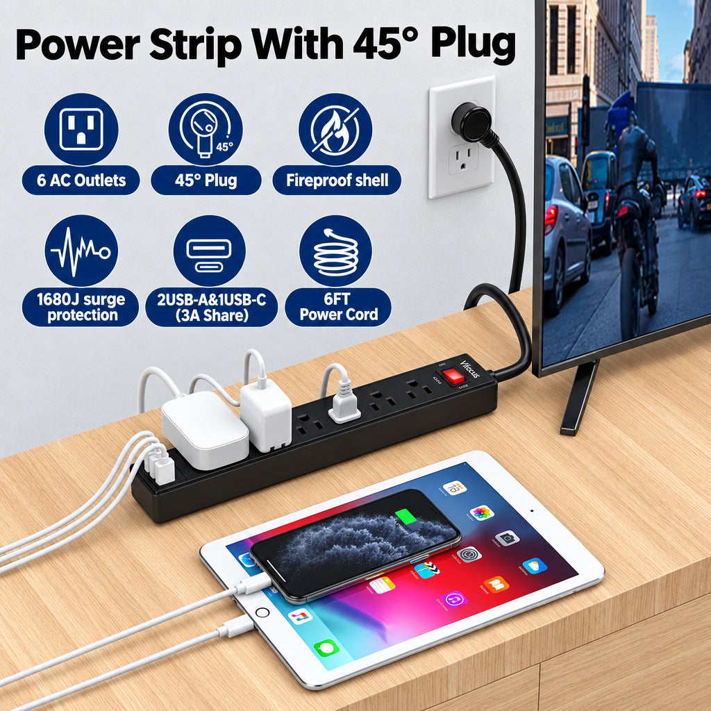 6Ft Surge Protector Power Strip with 6 Outlets & 3 USB Ports, Black