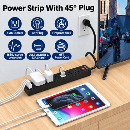 6Ft Surge Protector Power Strip with 6 Outlets & 3 USB Ports, Black