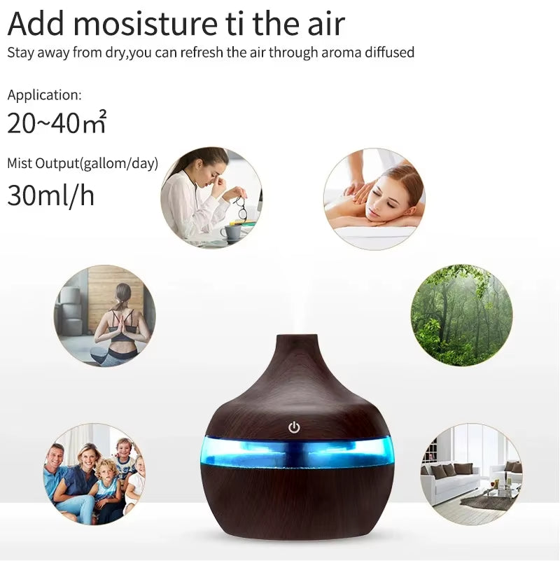 Humidifier Electric Aroma Air Diffuser Wood Ultrasonic Air Humidifier Essential Oil Aromatherapy Cool Mist Maker for Home 300Ml