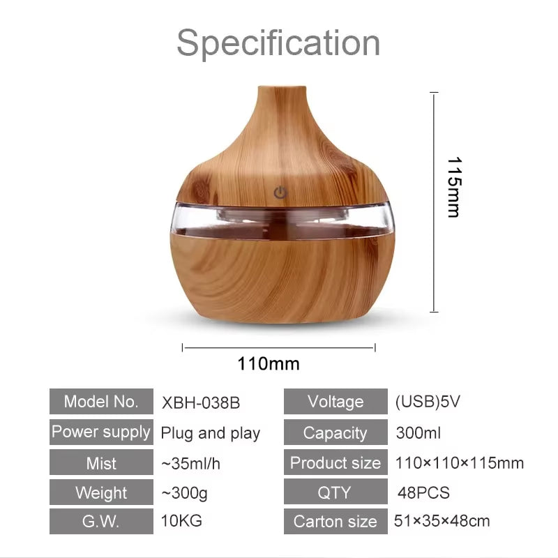 Humidifier Electric Aroma Air Diffuser Wood Ultrasonic Air Humidifier Essential Oil Aromatherapy Cool Mist Maker for Home 300Ml