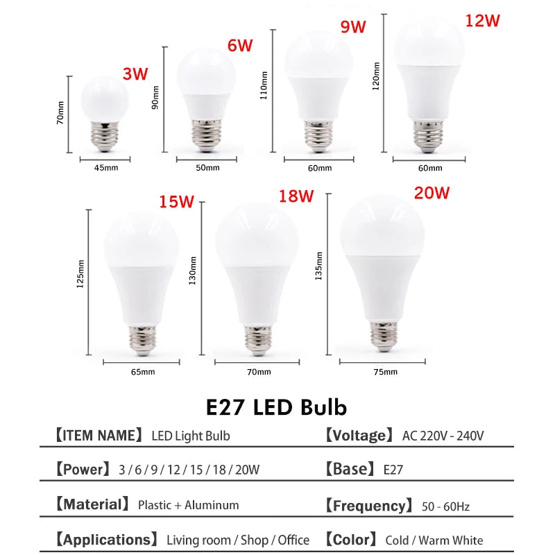 KARWEN Lampada LED E27 LED Lamp Bulb E14 AC 220V 230V 240V 3W 6W 9W 12W 15W 18W 20W LED Spotlight Table Lamp Light